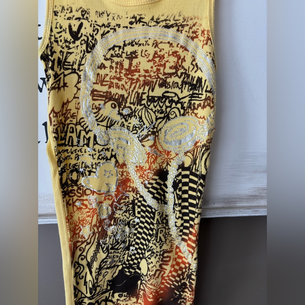 NWOT Bright Yellow Tank Top with Graffiti Graphic & Metallic Silver Headphones S